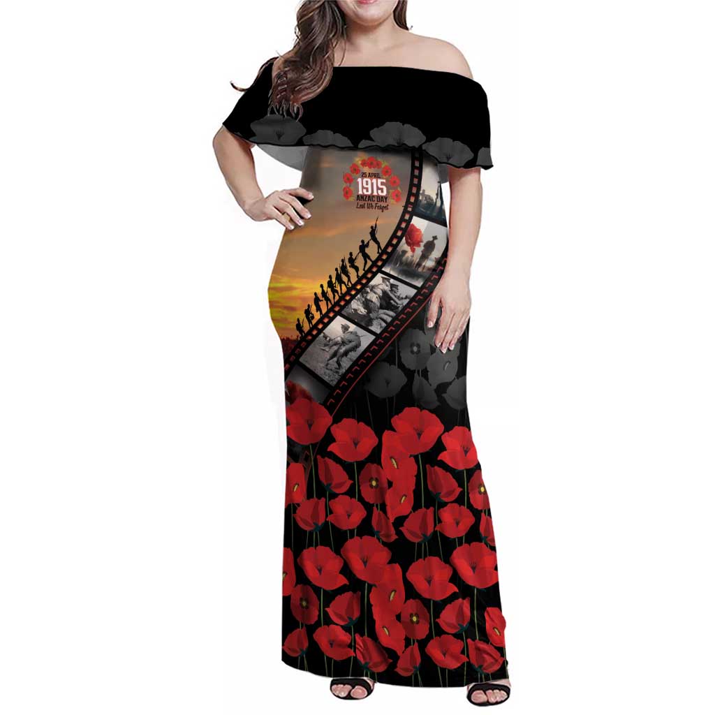 Personalised Remembering ANZAC Lest We Forget Family Matching Off Shoulder Maxi Dress and Hawaiian Shirt Vintage Film Frame Memorial Red Poppy
