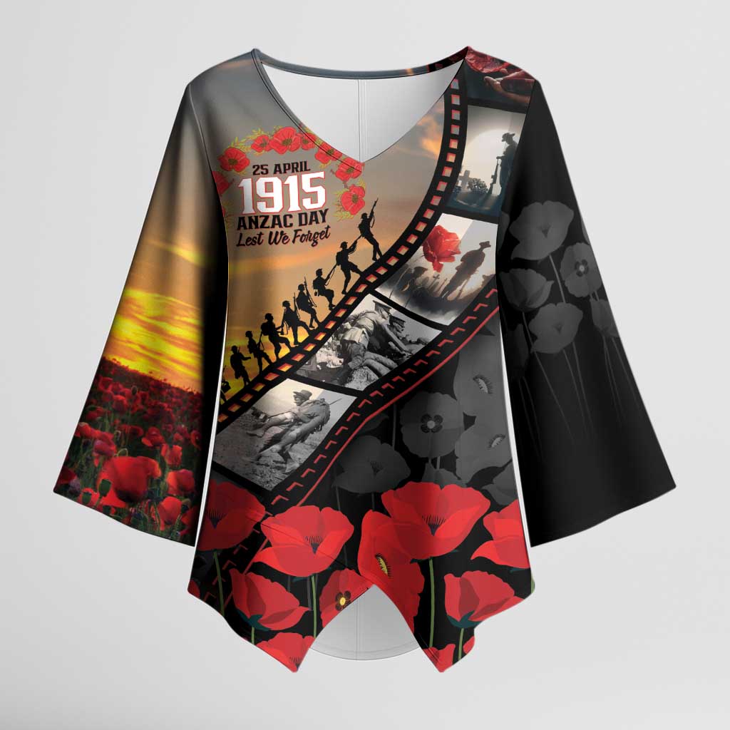 Personalised Remembering ANZAC Lest We Forget Kimono Sleeve Blouse Vintage Film Frame Memorial Red Poppy