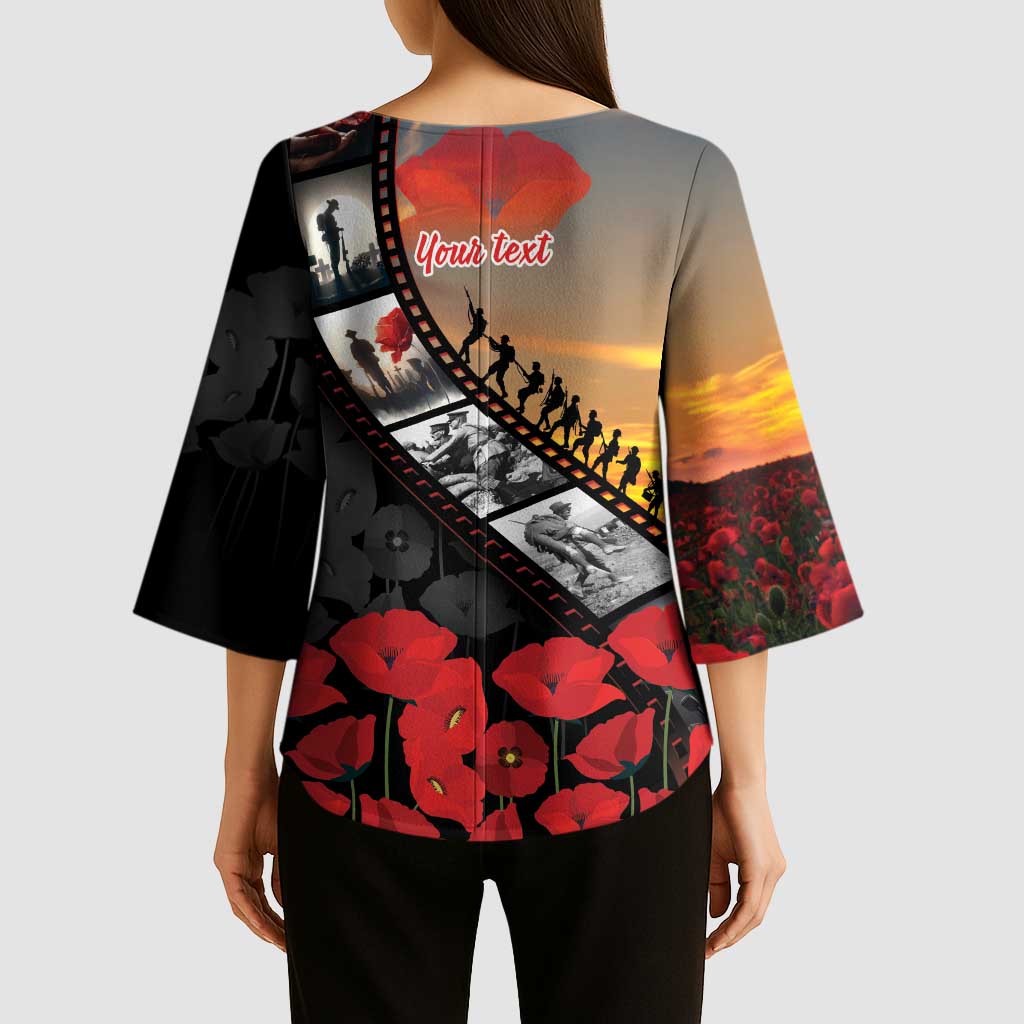 Personalised Remembering ANZAC Lest We Forget Kimono Sleeve Blouse Vintage Film Frame Memorial Red Poppy