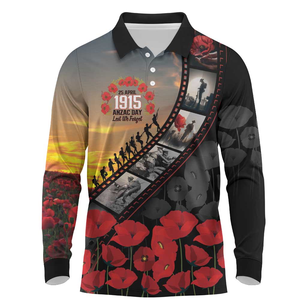 Personalised Remembering ANZAC Lest We Forget Long Sleeve Polo Shirt Vintage Film Frame Memorial Red Poppy LT9 Red - Polynesian Pride
