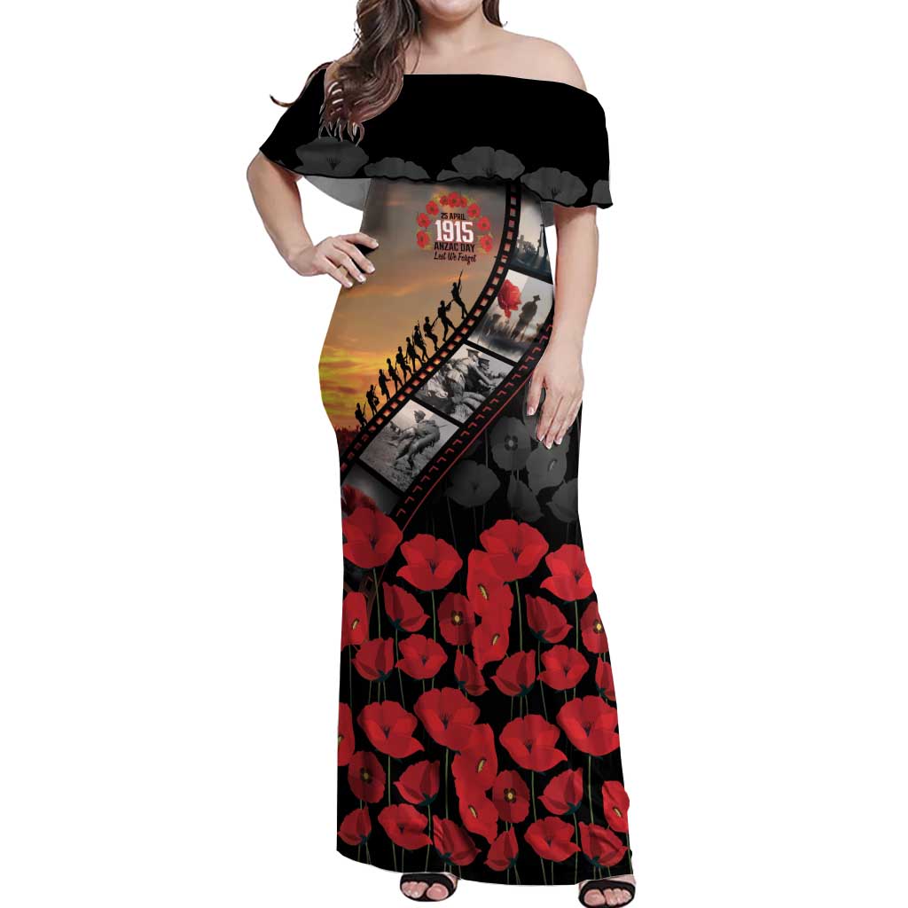 Personalised Remembering ANZAC Lest We Forget Off Shoulder Maxi Dress Vintage Film Frame Memorial Red Poppy