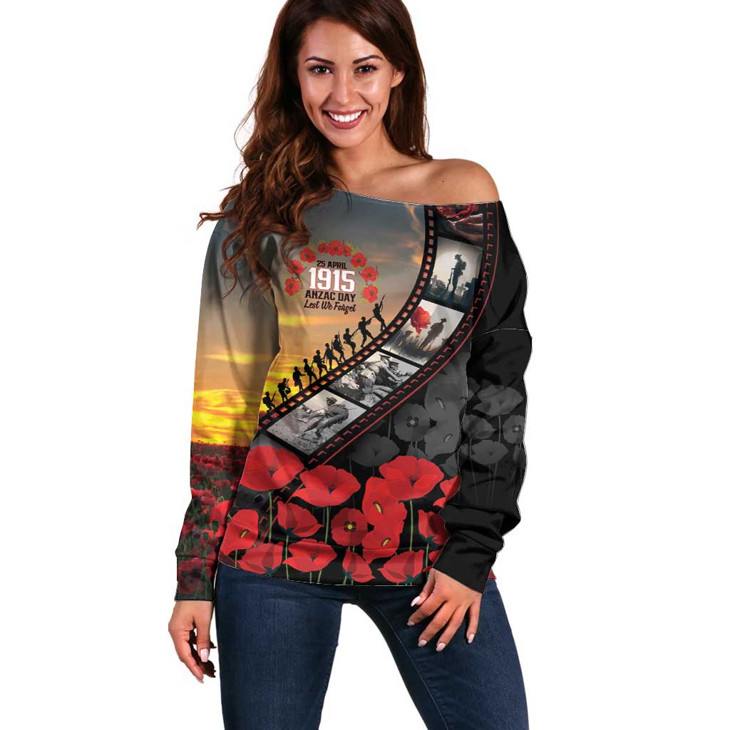 Personalised Remembering ANZAC Lest We Forget Off Shoulder Sweater Vintage Film Frame Memorial Red Poppy LT9 Women Red - Polynesian Pride