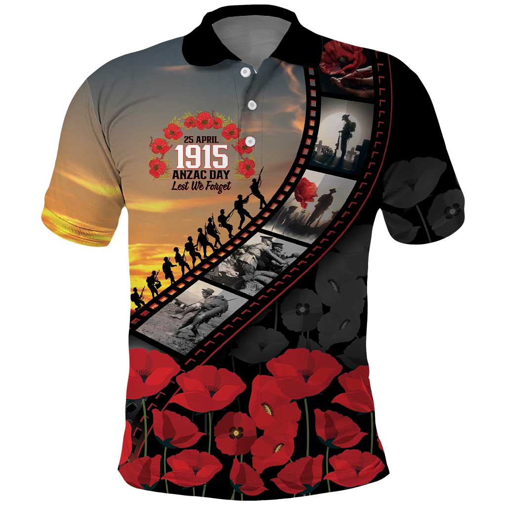 Personalised Remembering ANZAC Lest We Forget Polo Shirt Vintage Film Frame Memorial Red Poppy