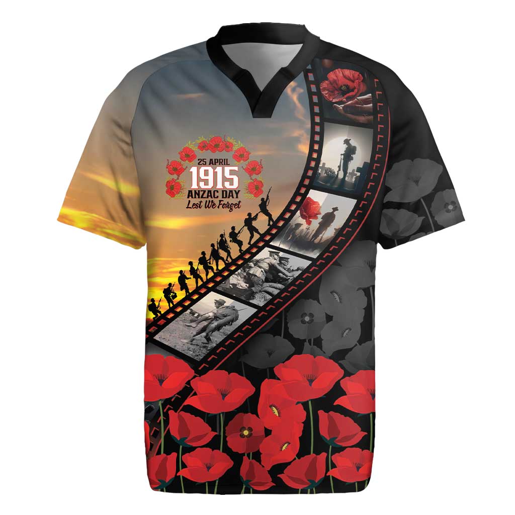 Personalised Remembering ANZAC Lest We Forget Rugby Jersey Vintage Film Frame Memorial Red Poppy LT9 Red - Polynesian Pride