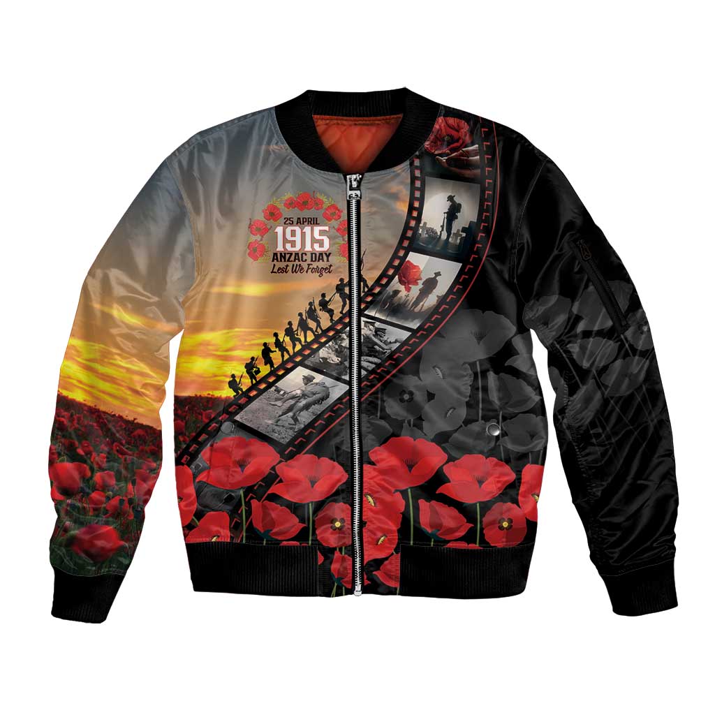 Personalised Remembering ANZAC Lest We Forget Sleeve Zip Bomber Jacket Vintage Film Frame Memorial Red Poppy LT9 Unisex Red - Polynesian Pride