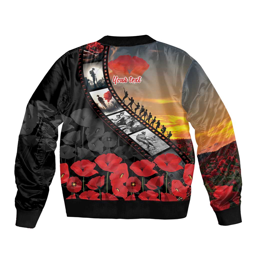 Personalised Remembering ANZAC Lest We Forget Sleeve Zip Bomber Jacket Vintage Film Frame Memorial Red Poppy LT9 - Polynesian Pride