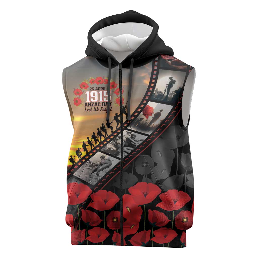 Personalised Remembering ANZAC Lest We Forget Sleeveless Zip Hoodie Vintage Film Frame Memorial Red Poppy