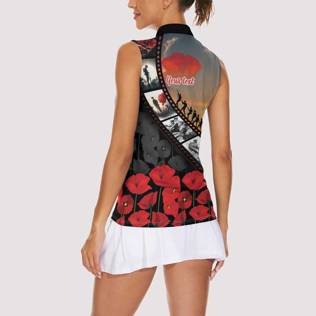 Personalised Remembering ANZAC Lest We Forget Women Sleeveless Polo Shirt Vintage Film Frame Memorial Red Poppy