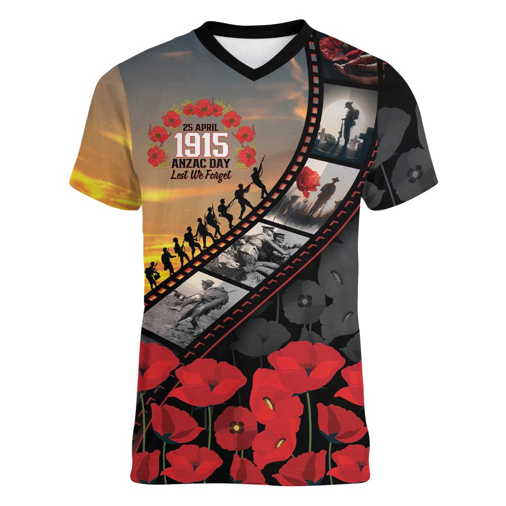 Personalised Remembering ANZAC Lest We Forget Women V-Neck T-Shirt Vintage Film Frame Memorial Red Poppy LT9 Female Red - Polynesian Pride