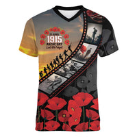 Personalised Remembering ANZAC Lest We Forget Women V-Neck T-Shirt Vintage Film Frame Memorial Red Poppy LT9 Female Red - Polynesian Pride