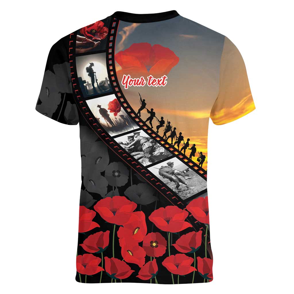 Personalised Remembering ANZAC Lest We Forget Women V-Neck T-Shirt Vintage Film Frame Memorial Red Poppy LT9 - Polynesian Pride