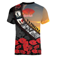 Personalised Remembering ANZAC Lest We Forget Women V-Neck T-Shirt Vintage Film Frame Memorial Red Poppy LT9 - Polynesian Pride