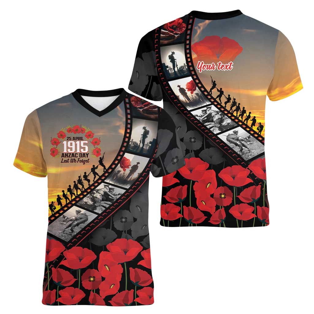 Personalised Remembering ANZAC Lest We Forget Women V-Neck T-Shirt Vintage Film Frame Memorial Red Poppy LT9 - Polynesian Pride