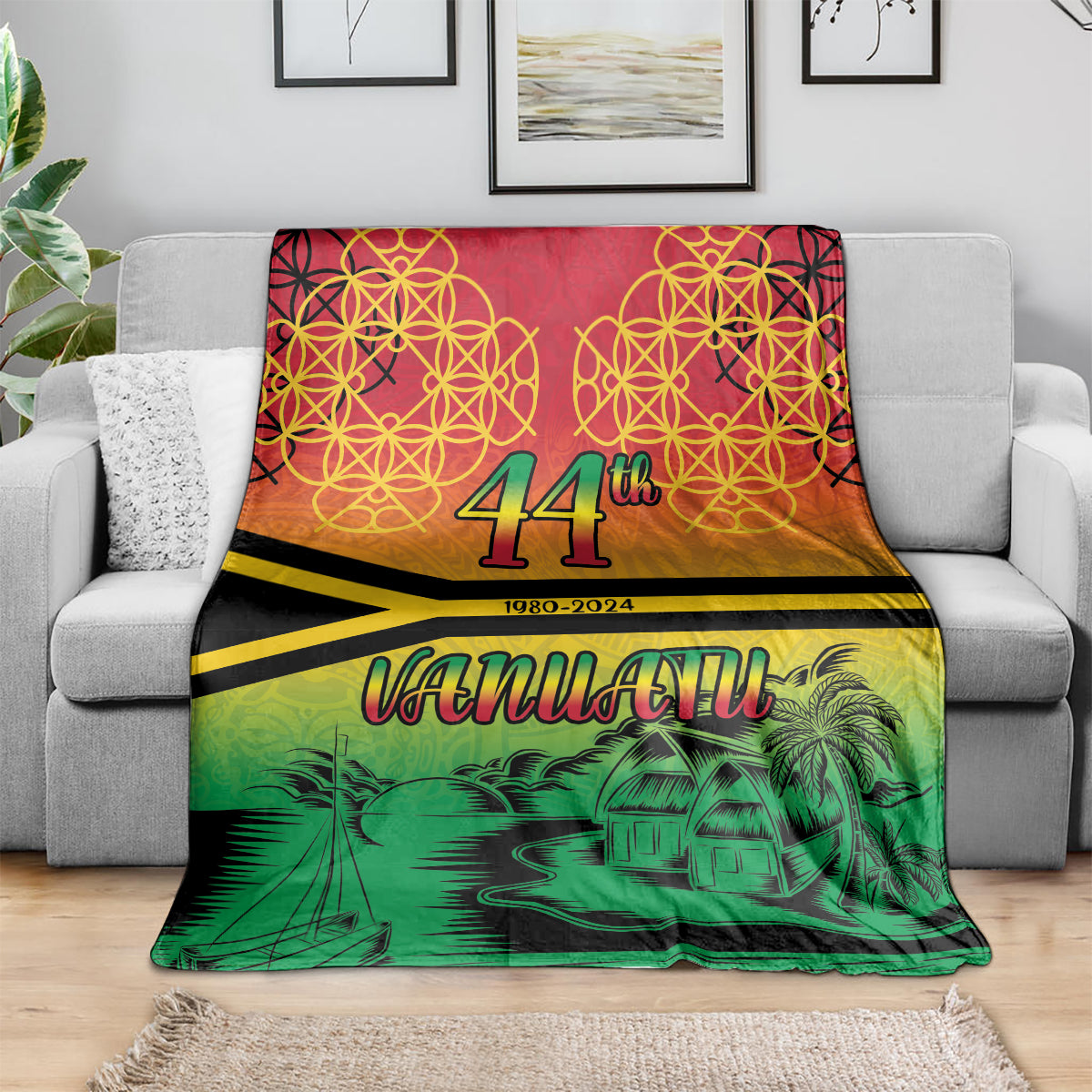 Hapi 44th Indipendens Dei Vanuatu Blanket Yumi 1980 with Vanuatuan Beach Landscape