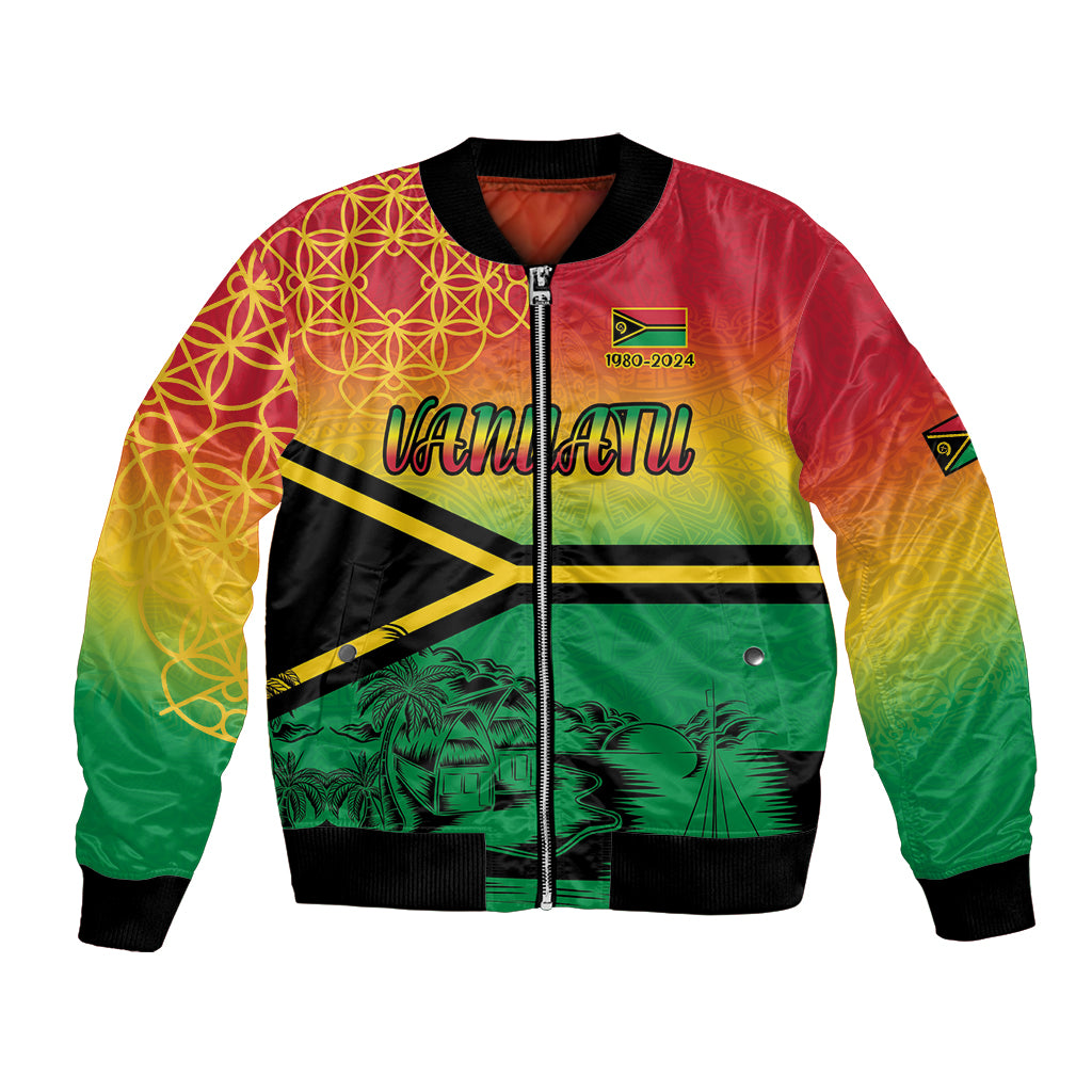 Hapi 44th Indipendens Dei Vanuatu Bomber Jacket Yumi 1980 with Vanuatuan Beach Landscape