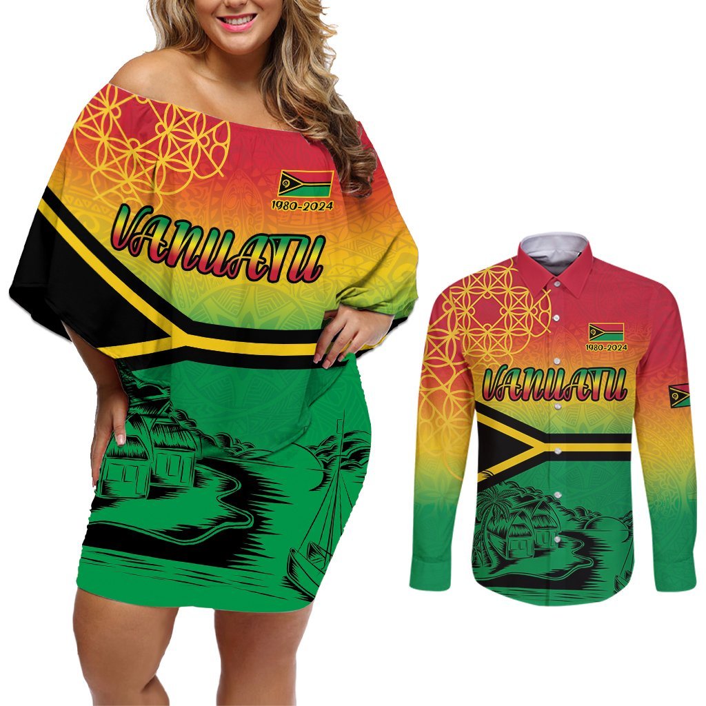 Hapi 44th Indipendens Dei Vanuatu Couples Matching Off Shoulder Short Dress and Long Sleeve Button Shirt Yumi 1980 with Vanuatuan Beach Landscape LT9 Reggae - Polynesian Pride