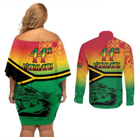 Hapi 44th Indipendens Dei Vanuatu Couples Matching Off Shoulder Short Dress and Long Sleeve Button Shirt Yumi 1980 with Vanuatuan Beach Landscape LT9 - Polynesian Pride