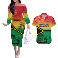 Hapi 44th Indipendens Dei Vanuatu Couples Matching Off The Shoulder Long Sleeve Dress and Hawaiian Shirt Yumi 1980 with Vanuatuan Beach Landscape