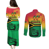Hapi 44th Indipendens Dei Vanuatu Couples Matching Puletasi and Long Sleeve Button Shirt Yumi 1980 with Vanuatuan Beach Landscape LT9 - Polynesian Pride