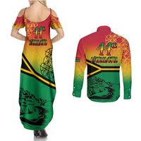 Hapi 44th Indipendens Dei Vanuatu Couples Matching Summer Maxi Dress and Long Sleeve Button Shirt Yumi 1980 with Vanuatuan Beach Landscape LT9 - Polynesian Pride