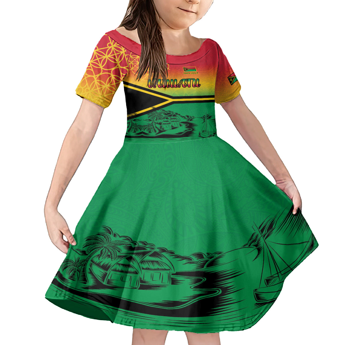 Hapi 44th Indipendens Dei Vanuatu Family Matching Off Shoulder Short Dress and Hawaiian Shirt Yumi 1980 with Vanuatuan Beach Landscape