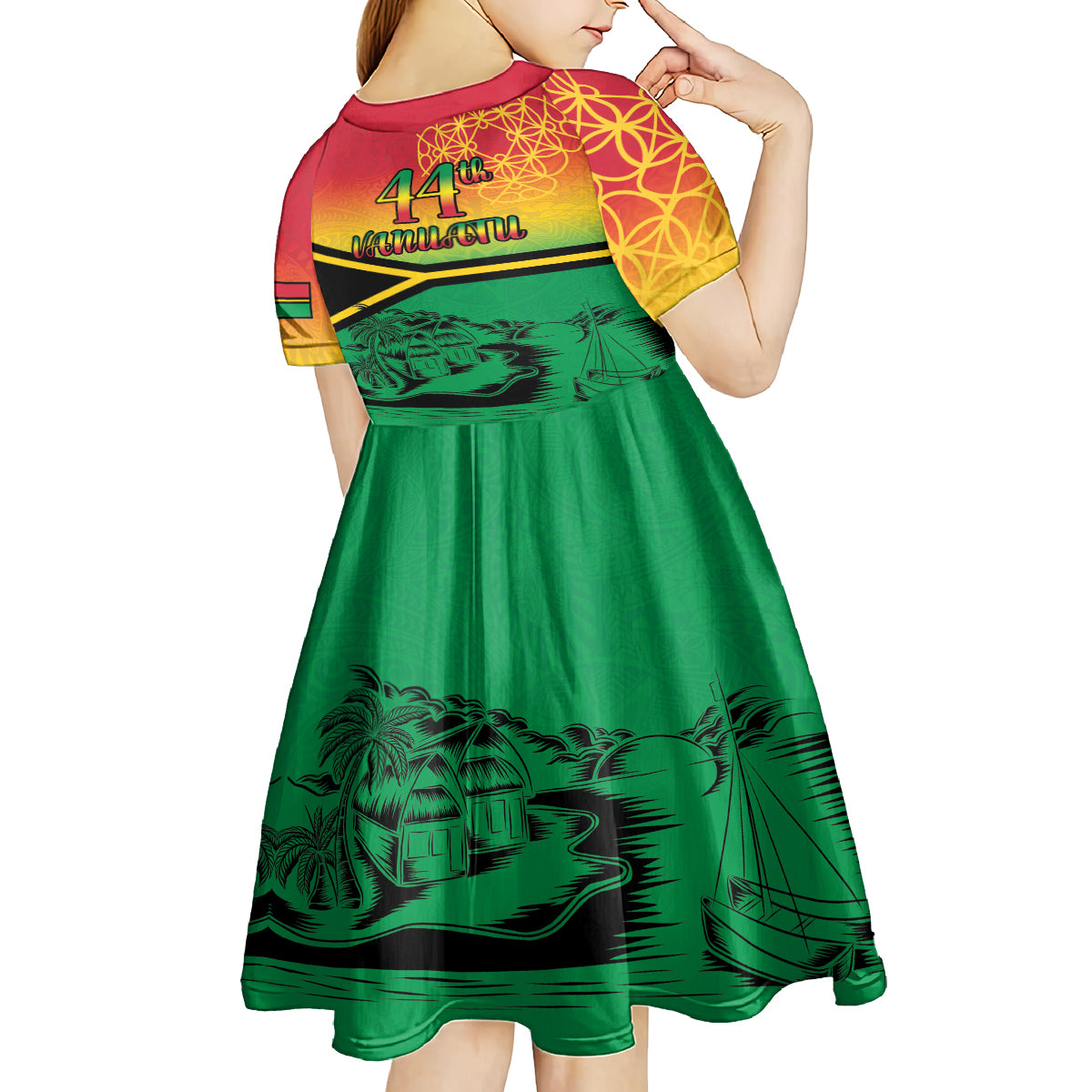 Hapi 44th Indipendens Dei Vanuatu Kid Short Sleeve Dress Yumi 1980 with Vanuatuan Beach Landscape LT9 - Polynesian Pride