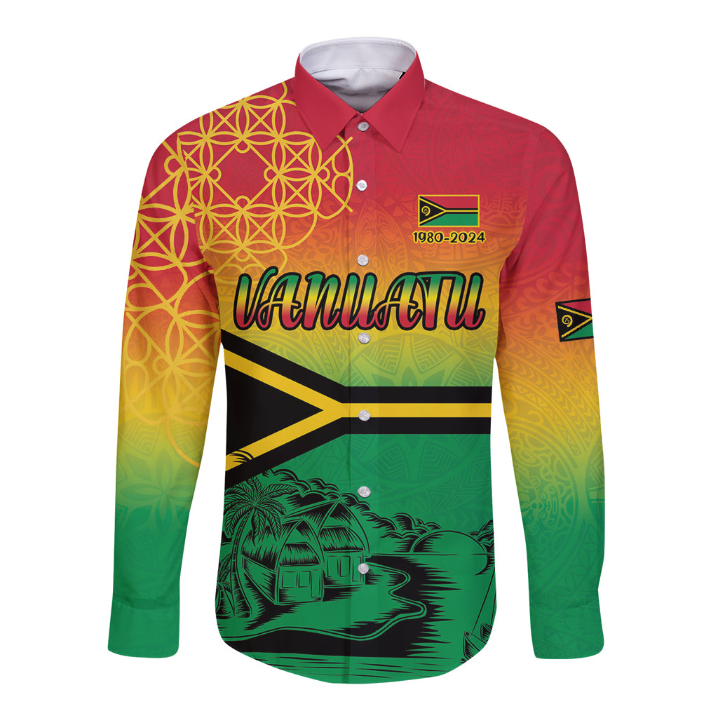 Hapi 44th Indipendens Dei Vanuatu Long Sleeve Button Shirt Yumi 1980 with Vanuatuan Beach Landscape LT9 Unisex Reggae - Polynesian Pride