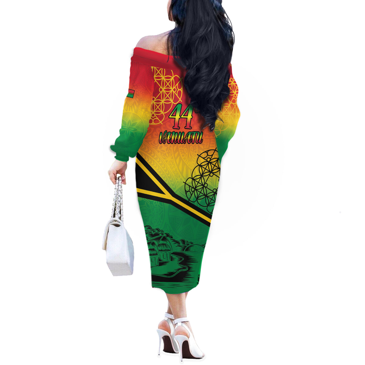Hapi 44th Indipendens Dei Vanuatu Off The Shoulder Long Sleeve Dress Yumi 1980 with Vanuatuan Beach Landscape LT9 - Polynesian Pride