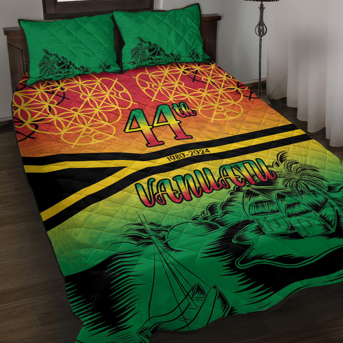 Hapi 44th Indipendens Dei Vanuatu Quilt Bed Set Yumi 1980 with Vanuatuan Beach Landscape