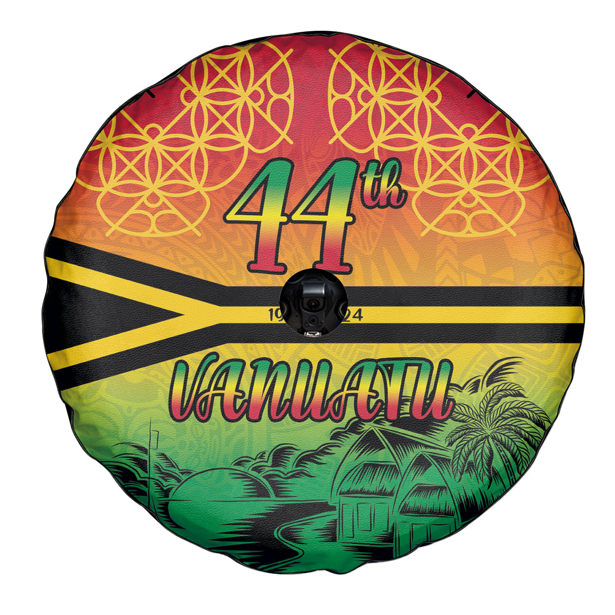Hapi 44th Indipendens Dei Vanuatu Spare Tire Cover Yumi 1980 with Vanuatuan Beach Landscape