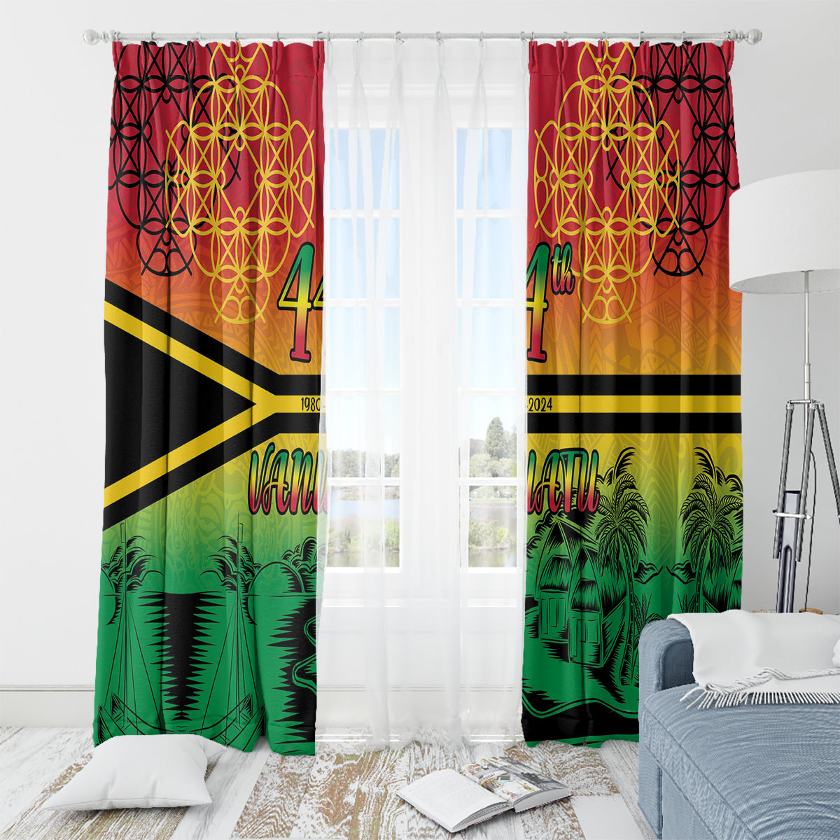Hapi 44th Indipendens Dei Vanuatu Window Curtain Yumi 1980 with Vanuatuan Beach Landscape
