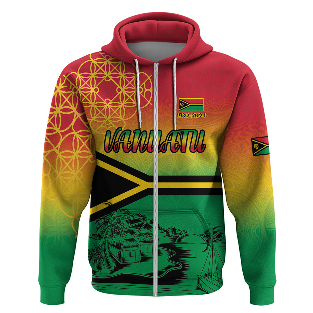 Hapi 44th Indipendens Dei Vanuatu Zip Hoodie Yumi 1980 with Vanuatuan Beach Landscape