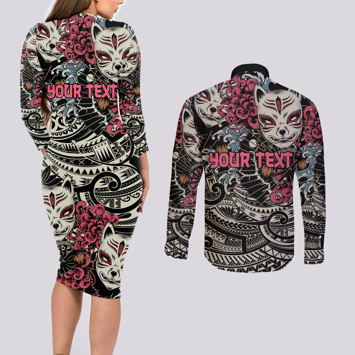 Personalized Japanese Kitsune Mask Couples Matching Long Sleeve Bodycon Dress and Long Sleeve Button Shirt With Polynesian Arty Style