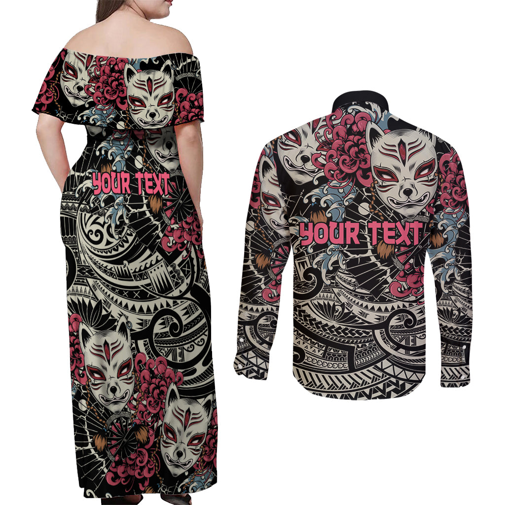 Personalized Japanese Kitsune Mask Couples Matching Off Shoulder Maxi Dress and Long Sleeve Button Shirt With Polynesian Arty Style
