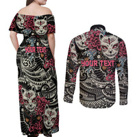 Personalized Japanese Kitsune Mask Couples Matching Off Shoulder Maxi Dress and Long Sleeve Button Shirt With Polynesian Arty Style