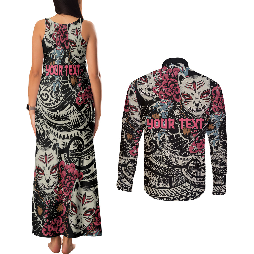 Personalized Japanese Kitsune Mask Couples Matching Tank Maxi Dress and Long Sleeve Button Shirt With Polynesian Arty Style LT9 - Polynesian Pride