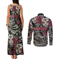 Personalized Japanese Kitsune Mask Couples Matching Tank Maxi Dress and Long Sleeve Button Shirt With Polynesian Arty Style LT9 - Polynesian Pride