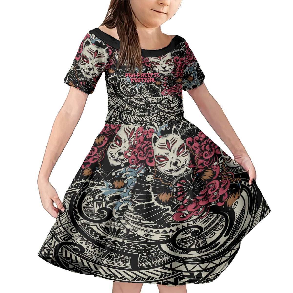 Personalized Japanese Kitsune Mask Family Matching Mermaid Dress and Hawaiian Shirt With Polynesian Arty Style