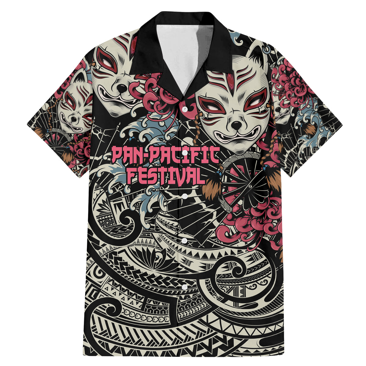 Personalized Japanese Kitsune Mask Family Matching Mermaid Dress and Hawaiian Shirt With Polynesian Arty Style