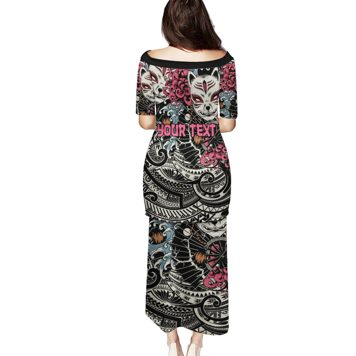 Personalized Japanese Kitsune Mask Family Matching Puletasi and Hawaiian Shirt With Polynesian Arty Style