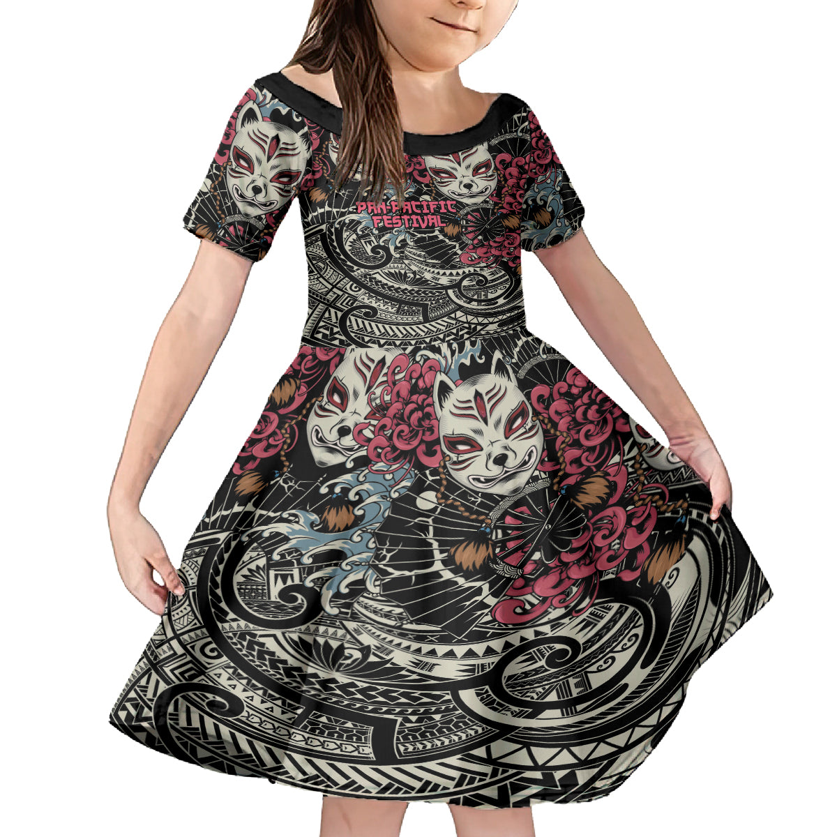 Personalized Japanese Kitsune Mask Family Matching Tank Maxi Dress and Hawaiian Shirt With Polynesian Arty Style