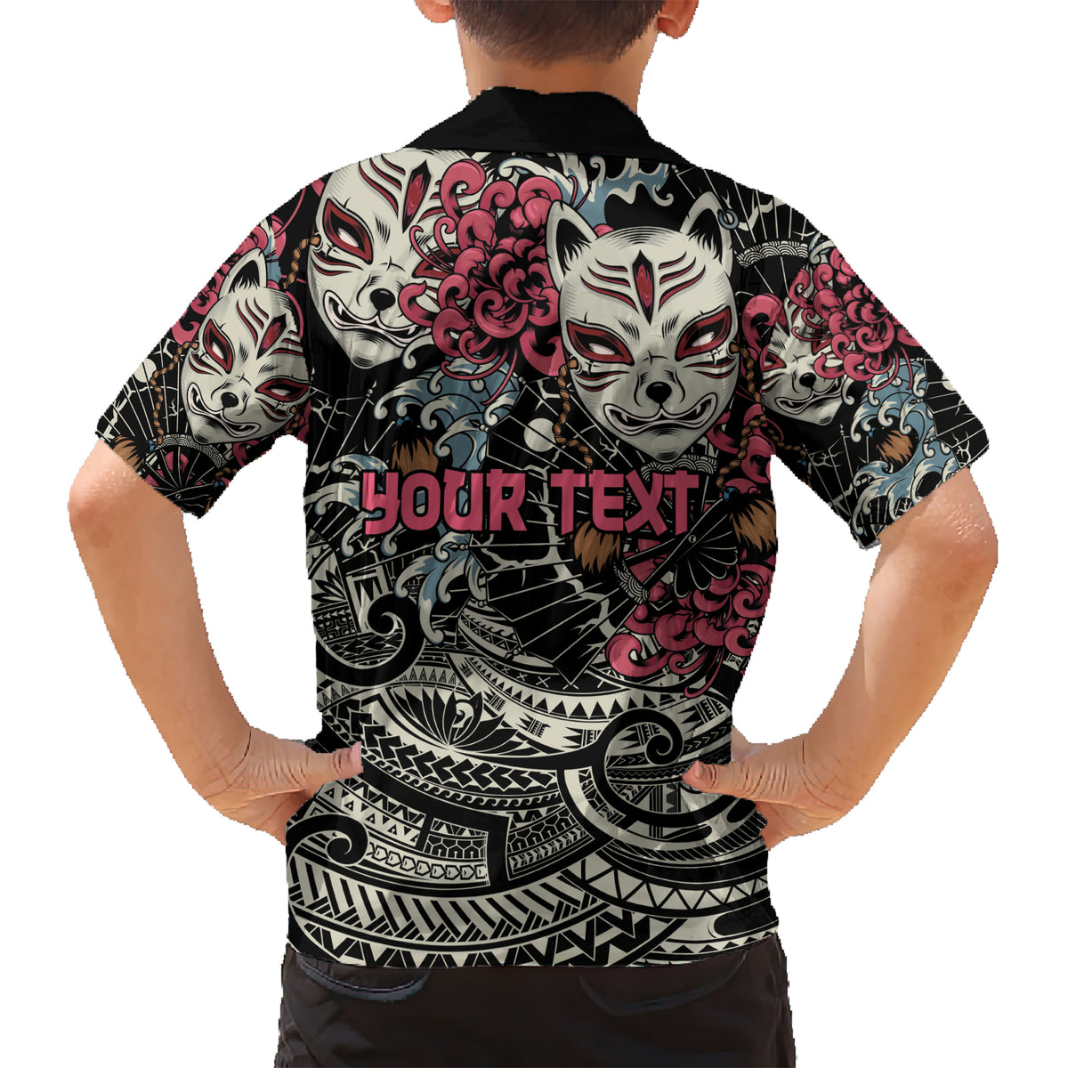 Personalized Japanese Kitsune Mask Kid Hawaiian Shirt With Polynesian Arty Style