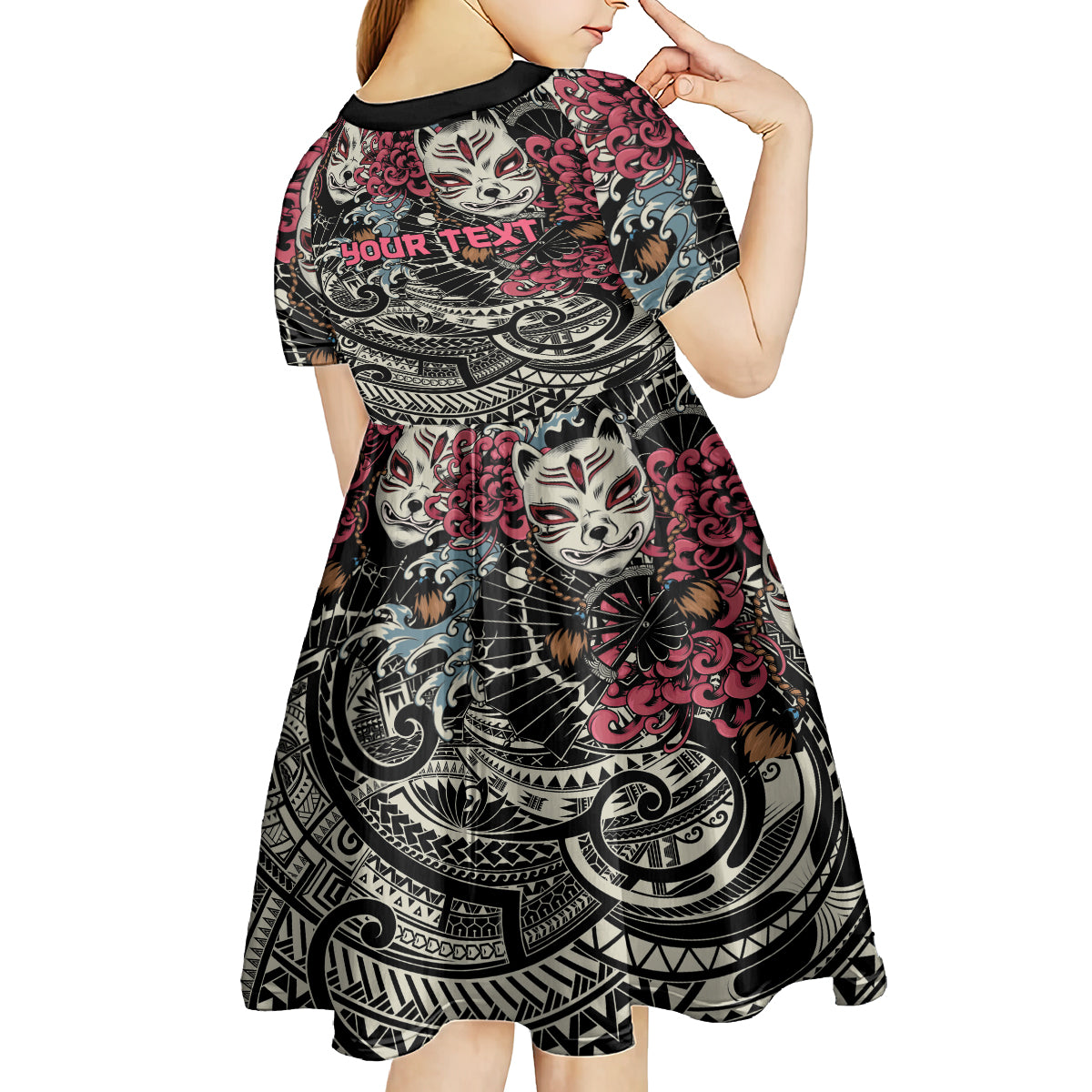 Personalized Japanese Kitsune Mask Kid Short Sleeve Dress With Polynesian Arty Style