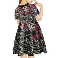Personalized Japanese Kitsune Mask Kid Short Sleeve Dress With Polynesian Arty Style