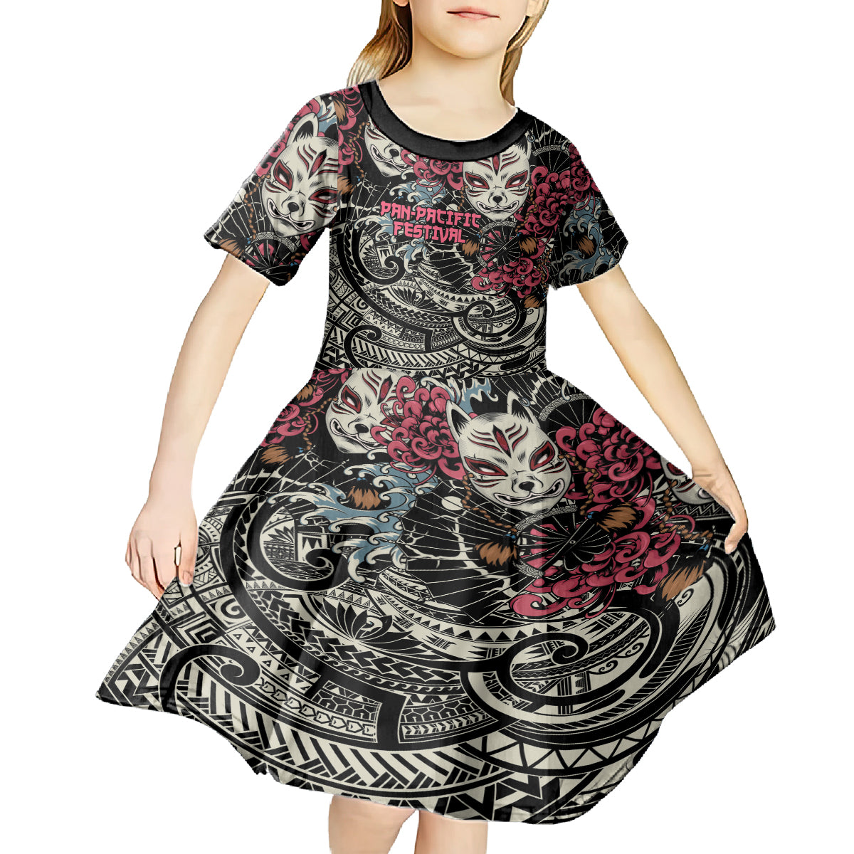 Personalized Japanese Kitsune Mask Kid Short Sleeve Dress With Polynesian Arty Style
