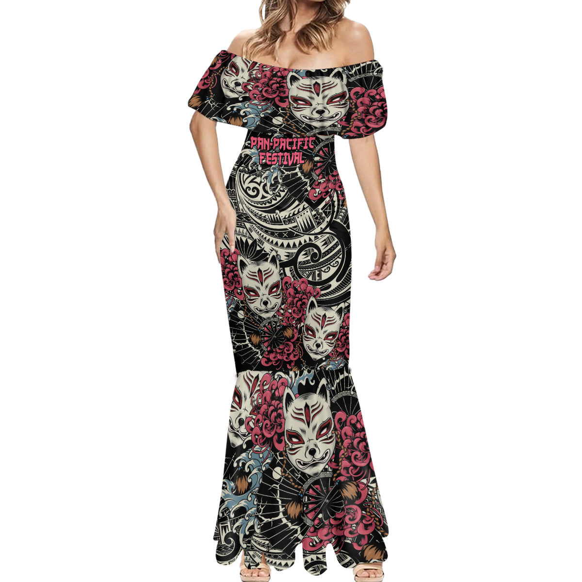 Personalized Japanese Kitsune Mask Mermaid Dress With Polynesian Arty Style