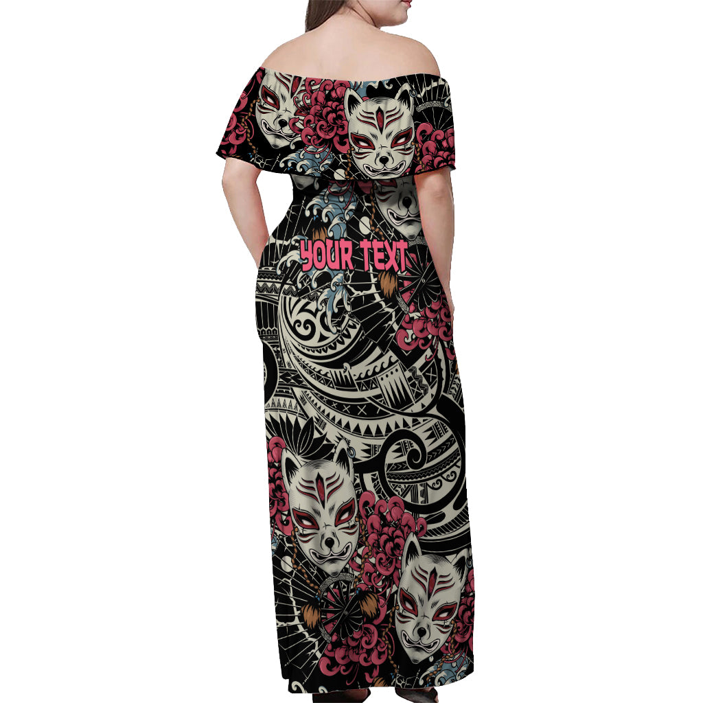 Personalized Japanese Kitsune Mask Off Shoulder Maxi Dress With Polynesian Arty Style