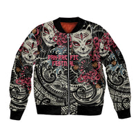 Personalized Japanese Kitsune Mask Sleeve Zip Bomber Jacket With Polynesian Arty Style