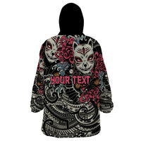 Personalized Japanese Kitsune Mask Wearable Blanket Hoodie With Polynesian Arty Style