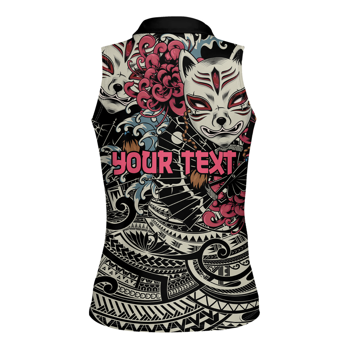 Personalized Japanese Kitsune Mask Women Sleeveless Polo Shirt With Polynesian Arty Style